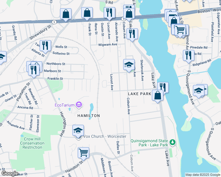 map of restaurants, bars, coffee shops, grocery stores, and more near 86 Locust Avenue in Worcester