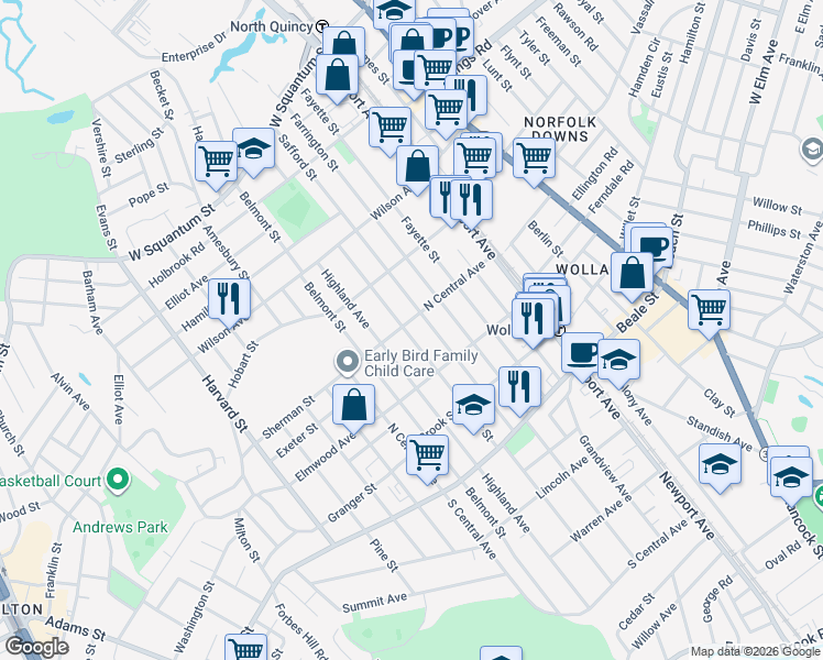 map of restaurants, bars, coffee shops, grocery stores, and more near 74 Taylor Street in Quincy
