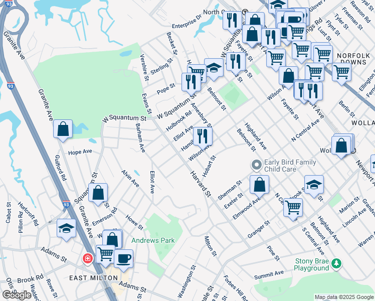 map of restaurants, bars, coffee shops, grocery stores, and more near 124 Hamilton Avenue in Quincy