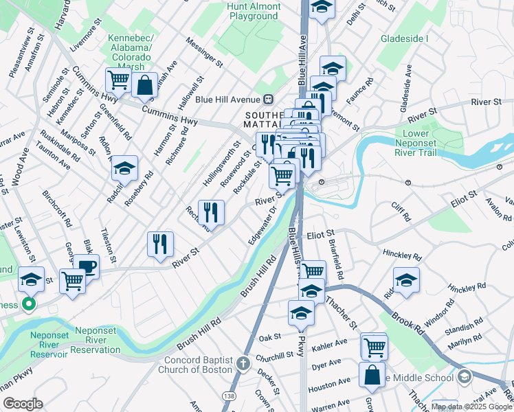 map of restaurants, bars, coffee shops, grocery stores, and more near 573 River Street in Boston
