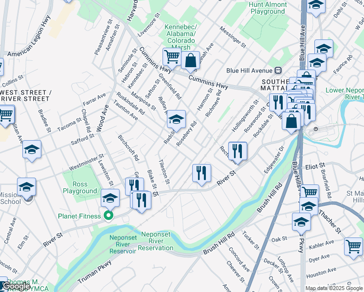 map of restaurants, bars, coffee shops, grocery stores, and more near 154 Ruskindale Road in Boston