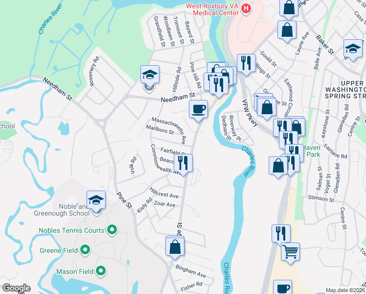map of restaurants, bars, coffee shops, grocery stores, and more near 31 Riverview Street in Dedham