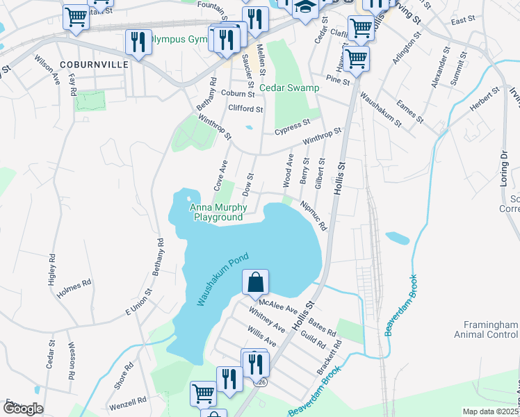 map of restaurants, bars, coffee shops, grocery stores, and more near 88 Nipmuc Road in Framingham