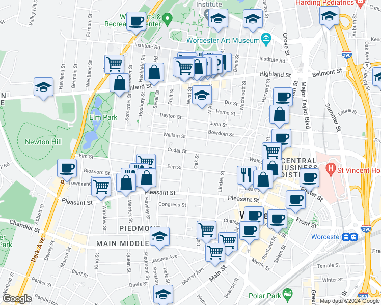 map of restaurants, bars, coffee shops, grocery stores, and more near 42 William Street in Worcester