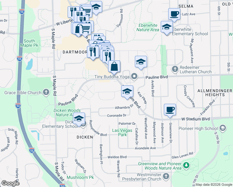 map of restaurants, bars, coffee shops, grocery stores, and more near 2004 Suffolk Street in Ann Arbor