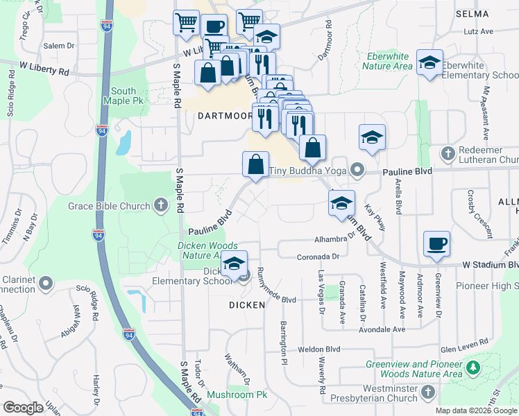 map of restaurants, bars, coffee shops, grocery stores, and more near 2021 Pauline Court in Ann Arbor