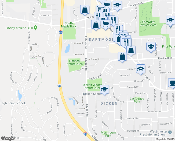 map of restaurants, bars, coffee shops, grocery stores, and more near 1241 South Maple Road in Ann Arbor
