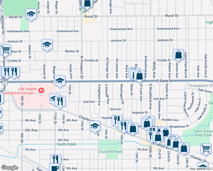 map of restaurants, bars, coffee shops, grocery stores, and more near in Rockford