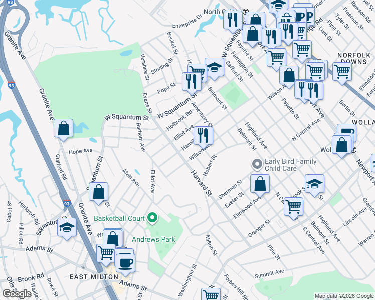 map of restaurants, bars, coffee shops, grocery stores, and more near 124 Hamilton Avenue in Quincy