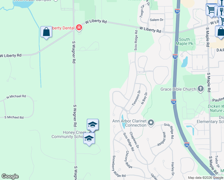 map of restaurants, bars, coffee shops, grocery stores, and more near 3222 Chamberlain Circle in Ann Arbor