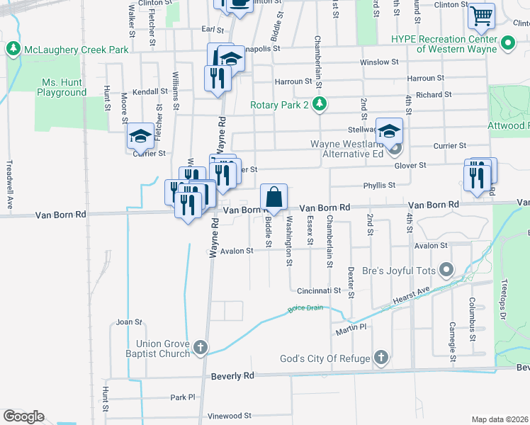 map of restaurants, bars, coffee shops, grocery stores, and more near 35403 Phyllis Street in Wayne