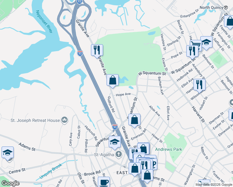 map of restaurants, bars, coffee shops, grocery stores, and more near 86 Cedar Terrace in Milton