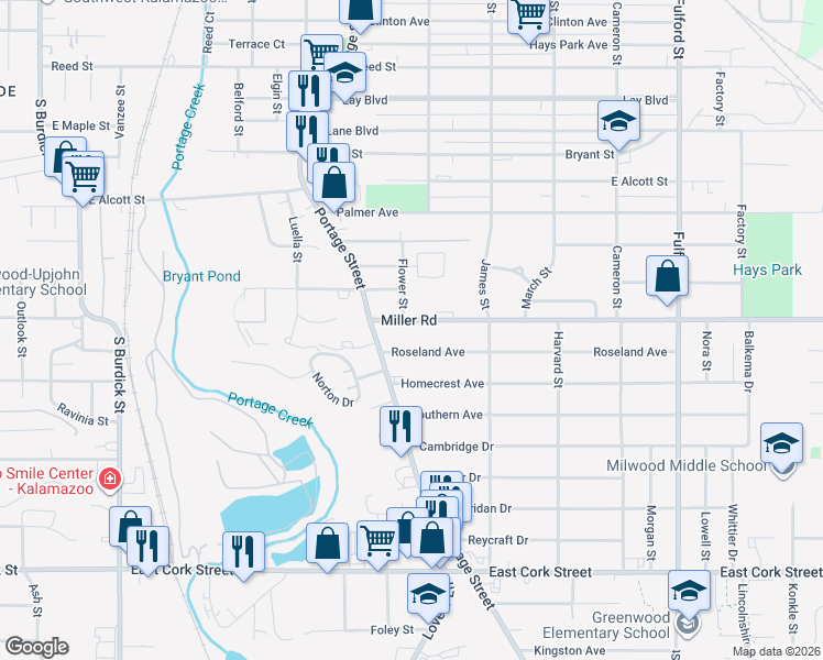 map of restaurants, bars, coffee shops, grocery stores, and more near 825 Miller Road in Kalamazoo