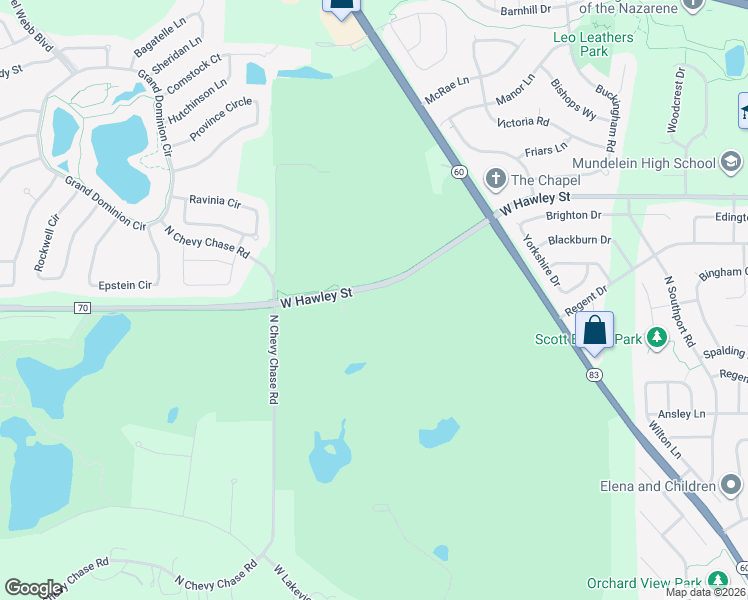 map of restaurants, bars, coffee shops, grocery stores, and more near West Hawley Street in Mundelein