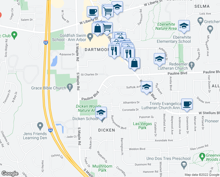 map of restaurants, bars, coffee shops, grocery stores, and more near 2055 Pauline Court in Ann Arbor
