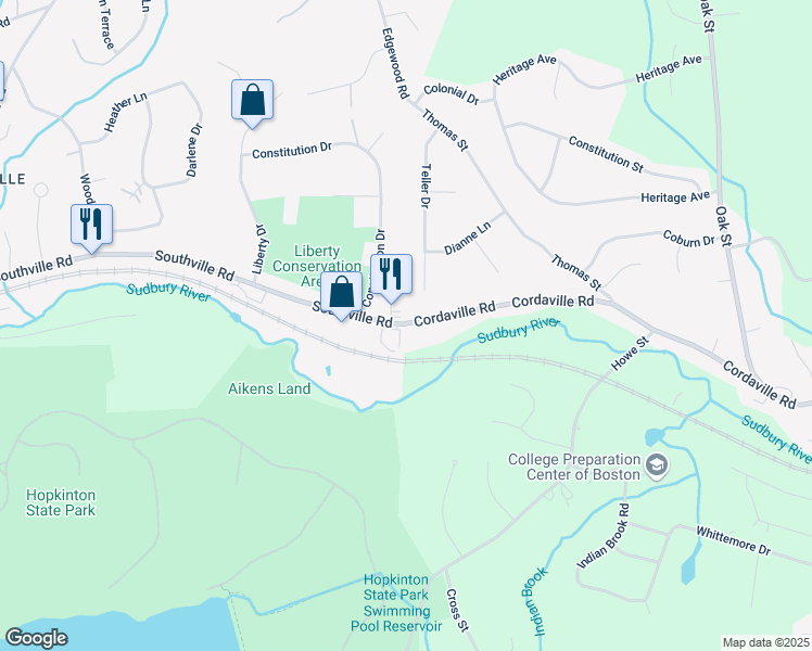 map of restaurants, bars, coffee shops, grocery stores, and more near 322 Cordaville Road in Ashland