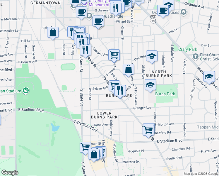 map of restaurants, bars, coffee shops, grocery stores, and more near 1033 Packard Street in Ann Arbor