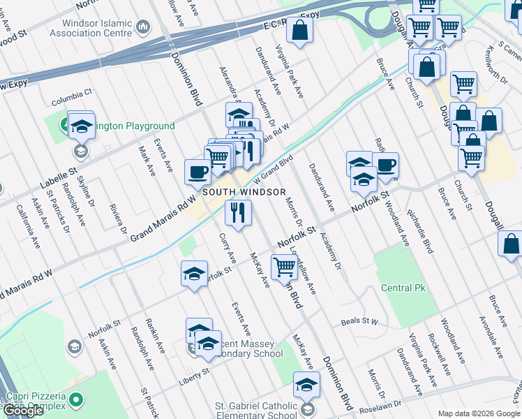 map of restaurants, bars, coffee shops, grocery stores, and more near 3055 Longfellow Avenue in Windsor