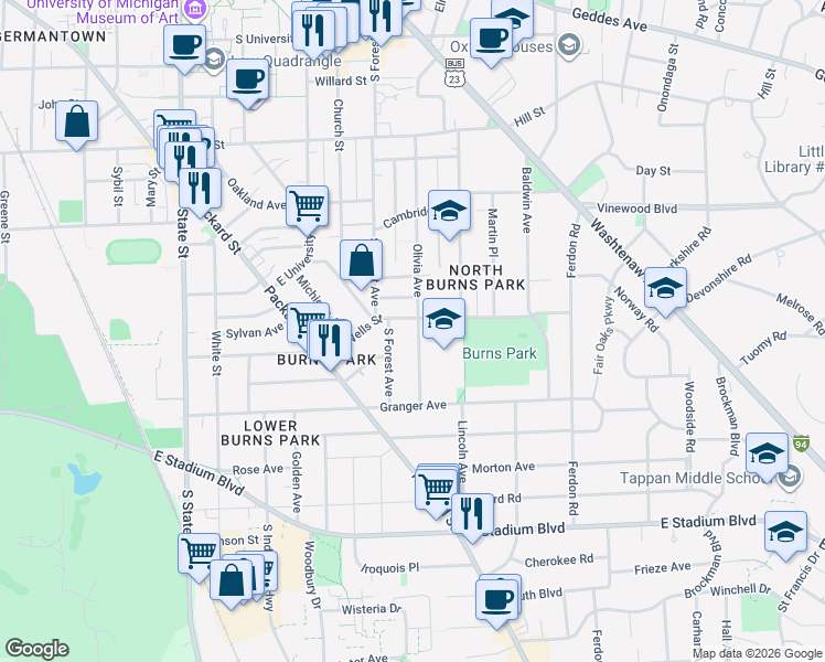 map of restaurants, bars, coffee shops, grocery stores, and more near 1130 Olivia Avenue in Ann Arbor