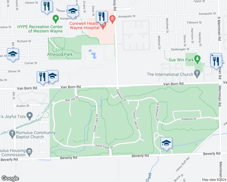 map of restaurants, bars, coffee shops, grocery stores, and more near 33290 Gateway Drive in Romulus