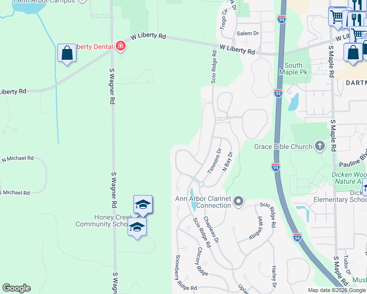 map of restaurants, bars, coffee shops, grocery stores, and more near 3222 Chamberlain Circle in Ann Arbor