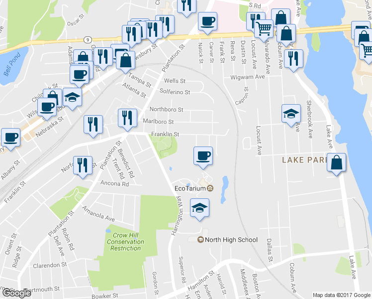 map of restaurants, bars, coffee shops, grocery stores, and more near 770 Franklin Street in Worcester