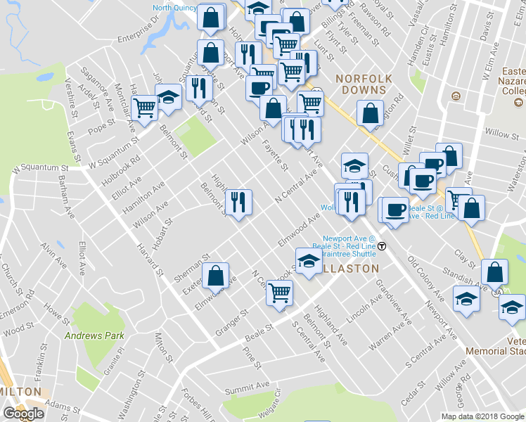 map of restaurants, bars, coffee shops, grocery stores, and more near North Central Avenue & Taylor Street in Quincy