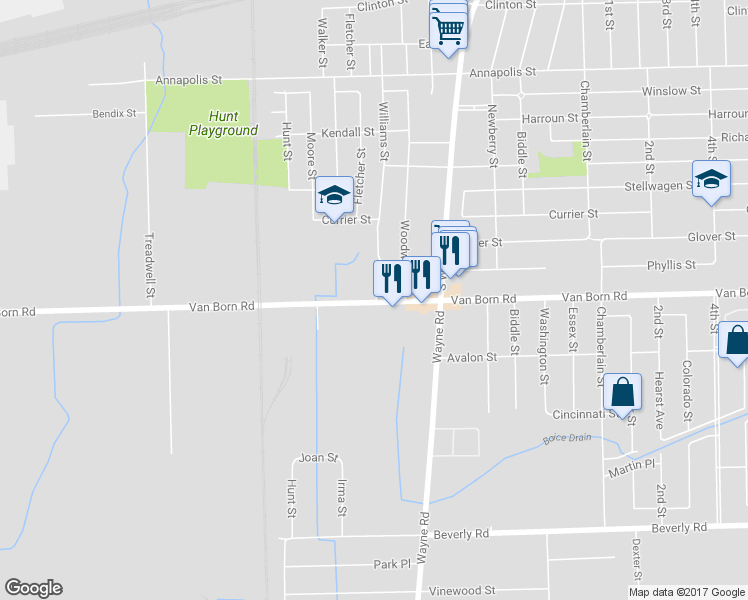 map of restaurants, bars, coffee shops, grocery stores, and more near 35820 Whitman Street in Wayne
