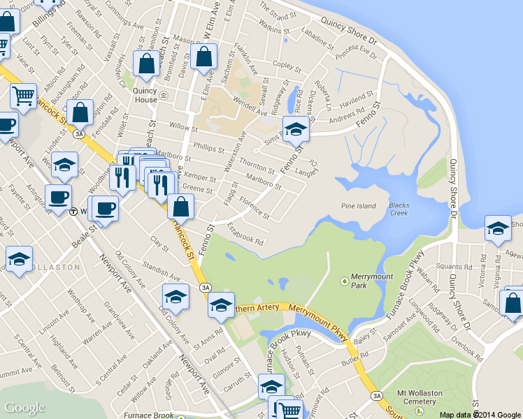 map of restaurants, bars, coffee shops, grocery stores, and more near 139 Fenno Street in Quincy