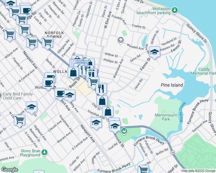 map of restaurants, bars, coffee shops, grocery stores, and more near 25 Briggs Street in Quincy
