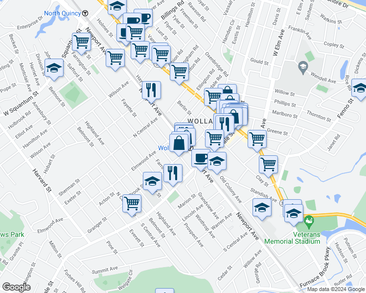 map of restaurants, bars, coffee shops, grocery stores, and more near 291 Newport Avenue in Quincy