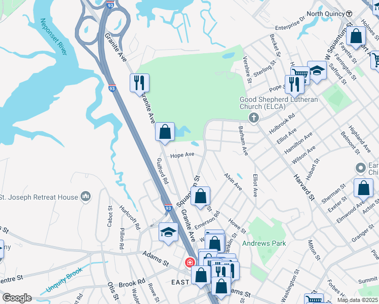 map of restaurants, bars, coffee shops, grocery stores, and more near 24 Hope Avenue in Milton