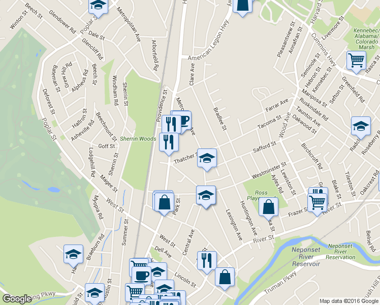 map of restaurants, bars, coffee shops, grocery stores, and more near 28-30 Thatcher Street in Boston