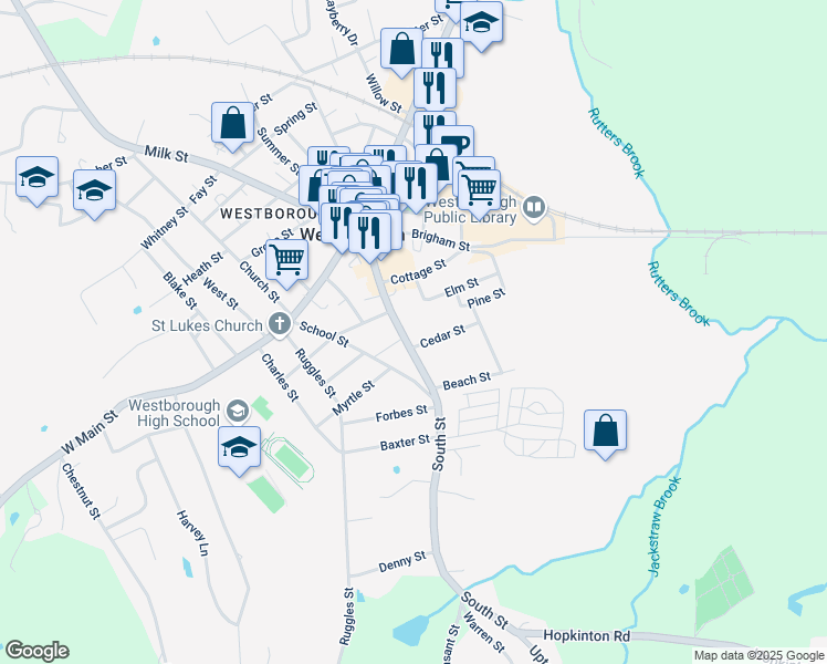 map of restaurants, bars, coffee shops, grocery stores, and more near 60 South Street in Westborough