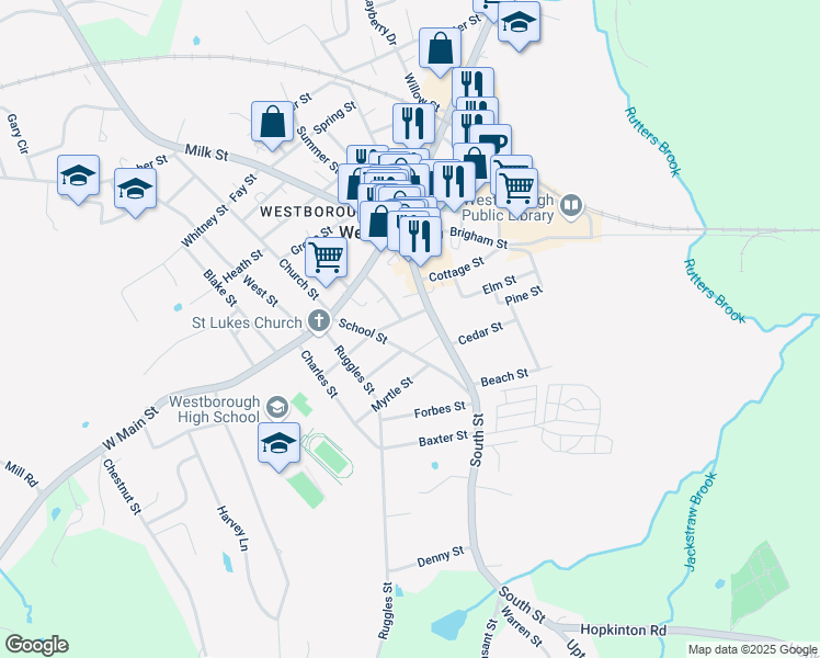 map of restaurants, bars, coffee shops, grocery stores, and more near 5 Cross Street in Westborough