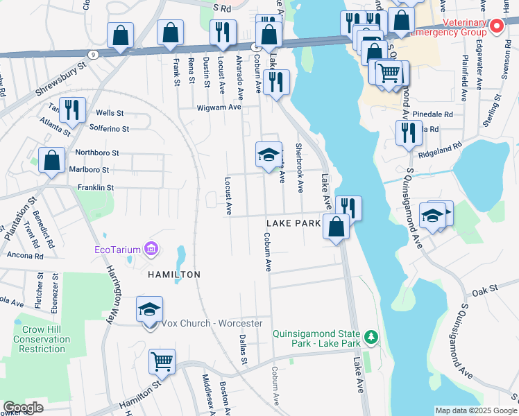 map of restaurants, bars, coffee shops, grocery stores, and more near 160 Coburn Avenue in Worcester