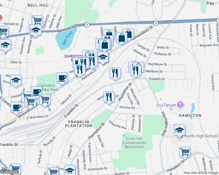 map of restaurants, bars, coffee shops, grocery stores, and more near 631 Franklin Street in Worcester