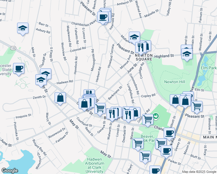 map of restaurants, bars, coffee shops, grocery stores, and more near 63 Howland Terrace in Worcester