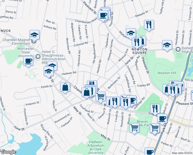 map of restaurants, bars, coffee shops, grocery stores, and more near 2 Herbert Road in Worcester