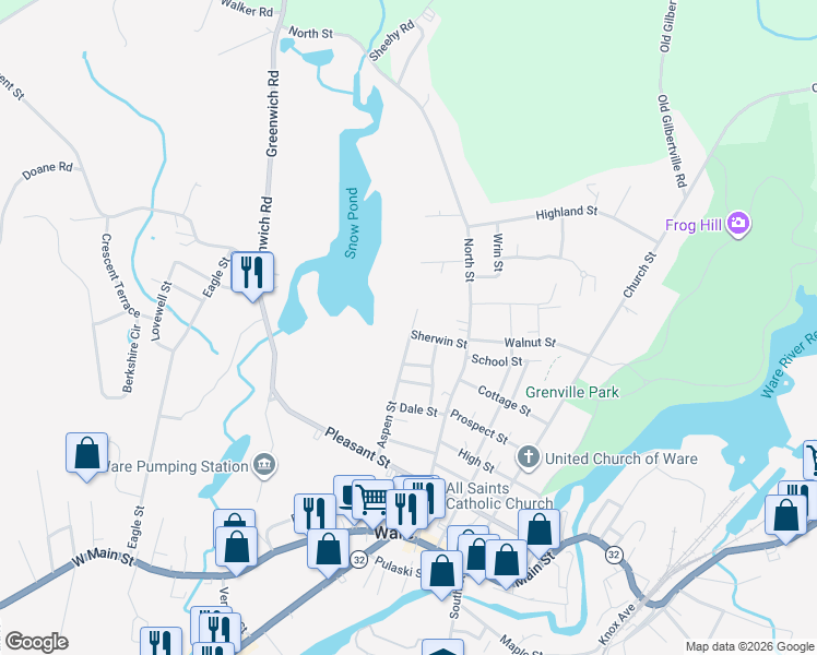 map of restaurants, bars, coffee shops, grocery stores, and more near 69 Aspen Street in Ware