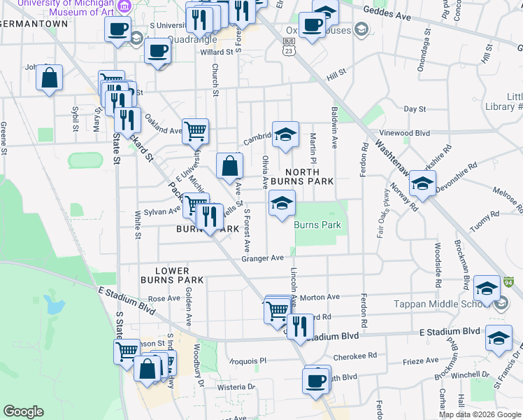 map of restaurants, bars, coffee shops, grocery stores, and more near 1130 Olivia Avenue in Ann Arbor