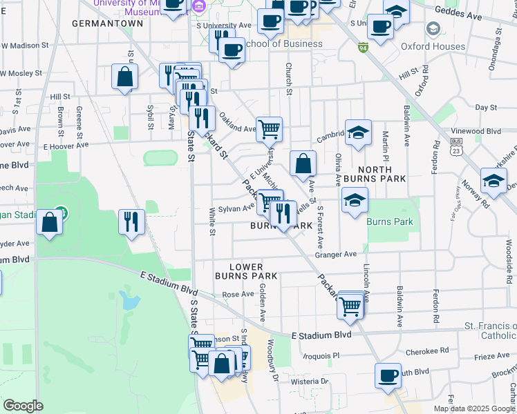 map of restaurants, bars, coffee shops, grocery stores, and more near 1033 Packard Street in Ann Arbor