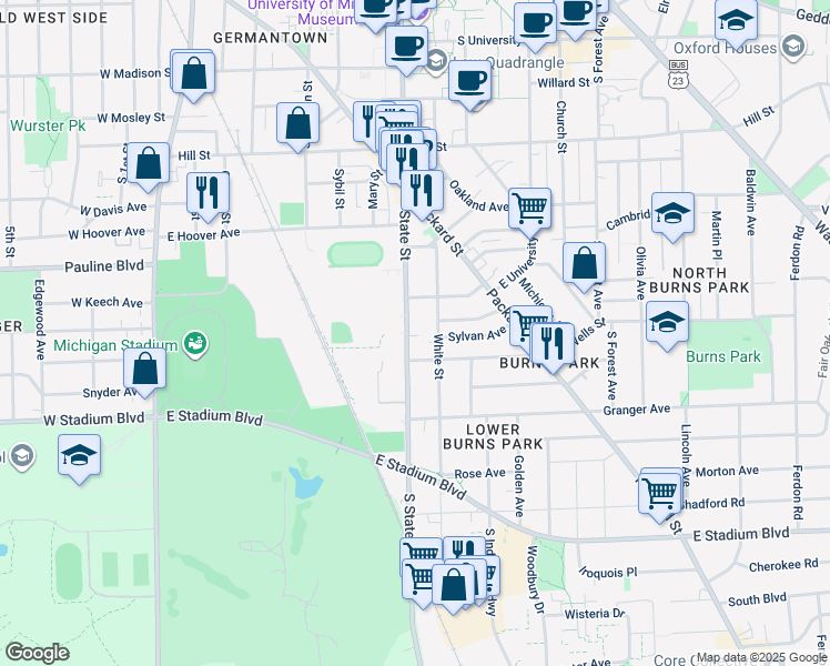 map of restaurants, bars, coffee shops, grocery stores, and more near 1160 South State Street in Ann Arbor