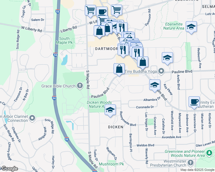 map of restaurants, bars, coffee shops, grocery stores, and more near in Ann Arbor