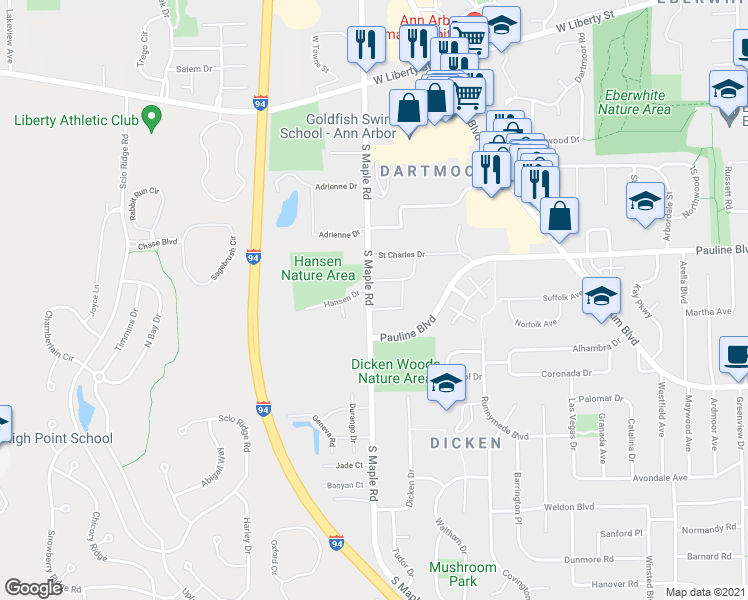 map of restaurants, bars, coffee shops, grocery stores, and more near 1241 South Maple Road in Ann Arbor