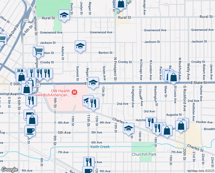map of restaurants, bars, coffee shops, grocery stores, and more near 1622 East State Street in Rockford