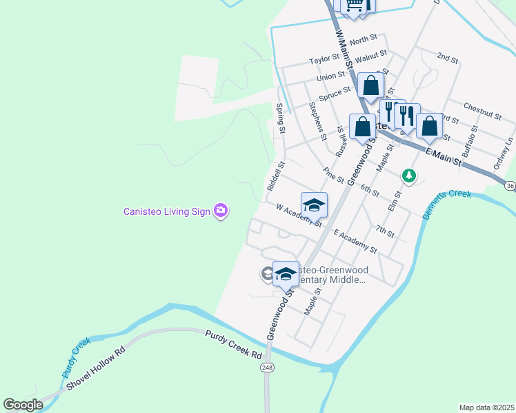 map of restaurants, bars, coffee shops, grocery stores, and more near 25 West Academy Street in Canisteo