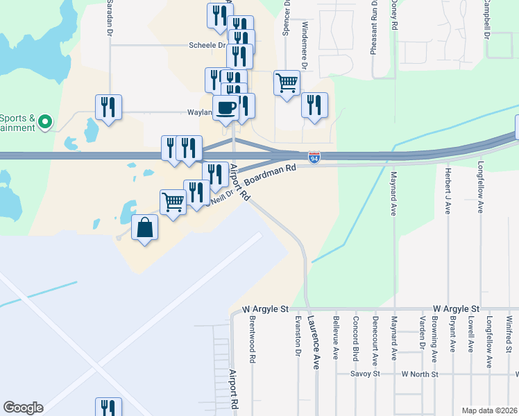 map of restaurants, bars, coffee shops, grocery stores, and more near 2400 Airport Road in Jackson