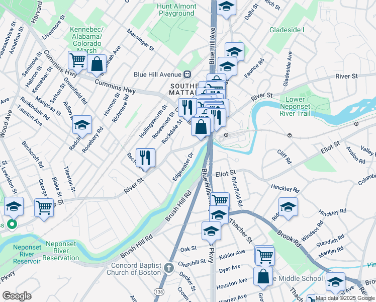 map of restaurants, bars, coffee shops, grocery stores, and more near 535-559 River Street in Boston