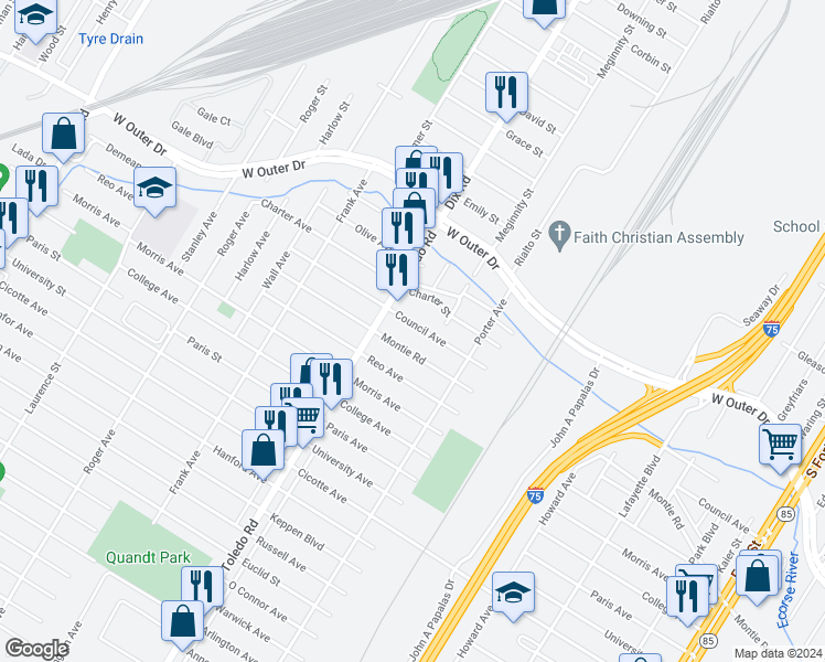 map of restaurants, bars, coffee shops, grocery stores, and more near 1911 Council Avenue in Lincoln Park